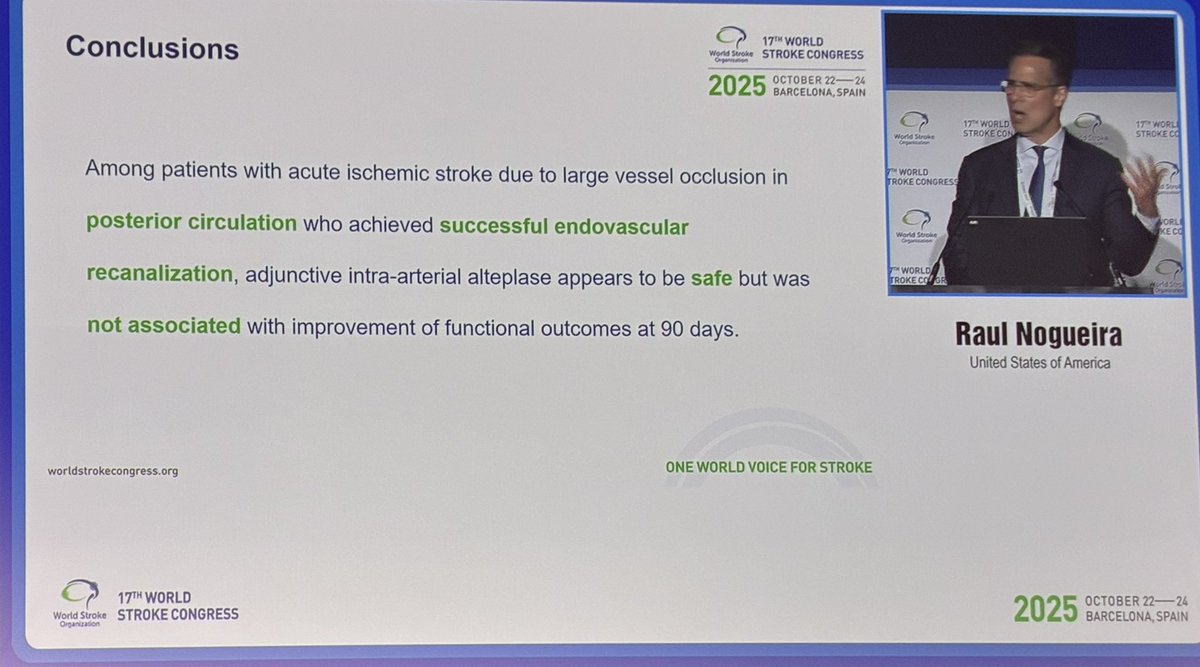 #WSC2025

#IAT_TOP

🌐 Multicenter RCT 🇨🇳n=246
💉 IA-tPA 0.225 mg/kg vs standard care after eTICI ≥ 2b50 in posterior AIS

🎯 mRS 0–2 at 90d:
🟡41.9% vs 46.7% (NS)
⚠️ sICH ≈ 2.5%, no excess risk

➡️ No functional benefit of adjunct IA-tPA after EVT in PC stroke
<a href="/RaulNogueiraMD/">Raul G Nogueira, MD, FAHA, FSVIN</a>