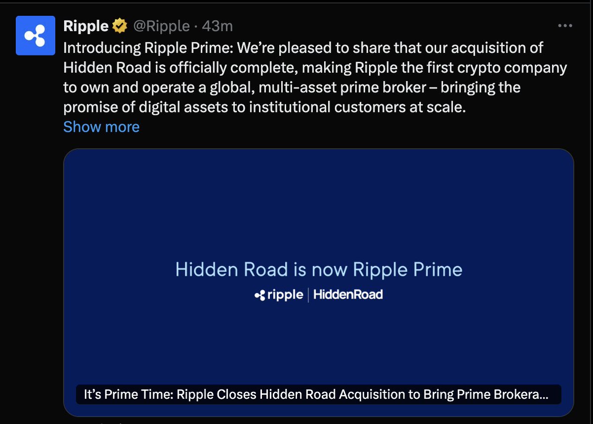 리플이 Hidden Road 인수 완료 및 Ripple Prime 출범을 발표