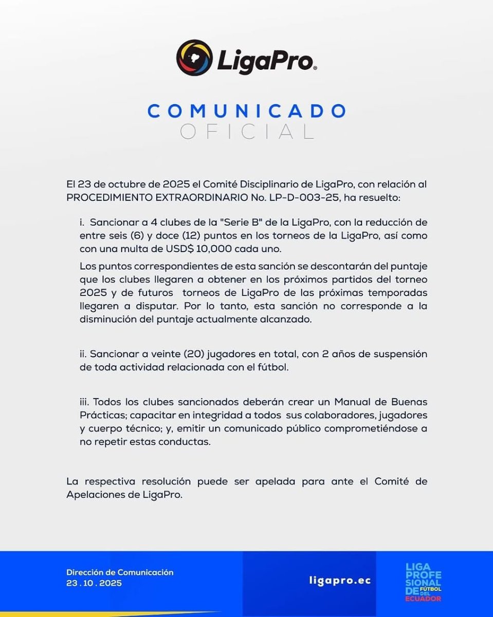 La 'LigaPro' sancionó duramente a varios clubes de la 'Serie B' tras confirmarse casos de corrupción y amaño de partidos.

Además, 20 jugadores fueron suspendidos por dos años por manipulación de resultados.