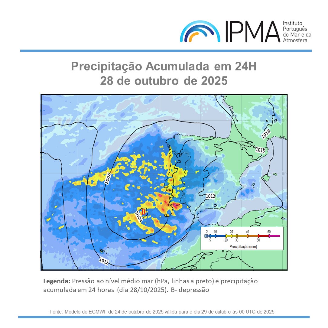 #Tempo: De 27/Out a 2/Nov esperam-se, em Portugal Continental, episódios frequentes de precipitação e valores elevados na sua quantidade. Continuam a registar-se valores da temperatura superiores ao normal para a época 👉 tinyurl.com/3jsvt8bc