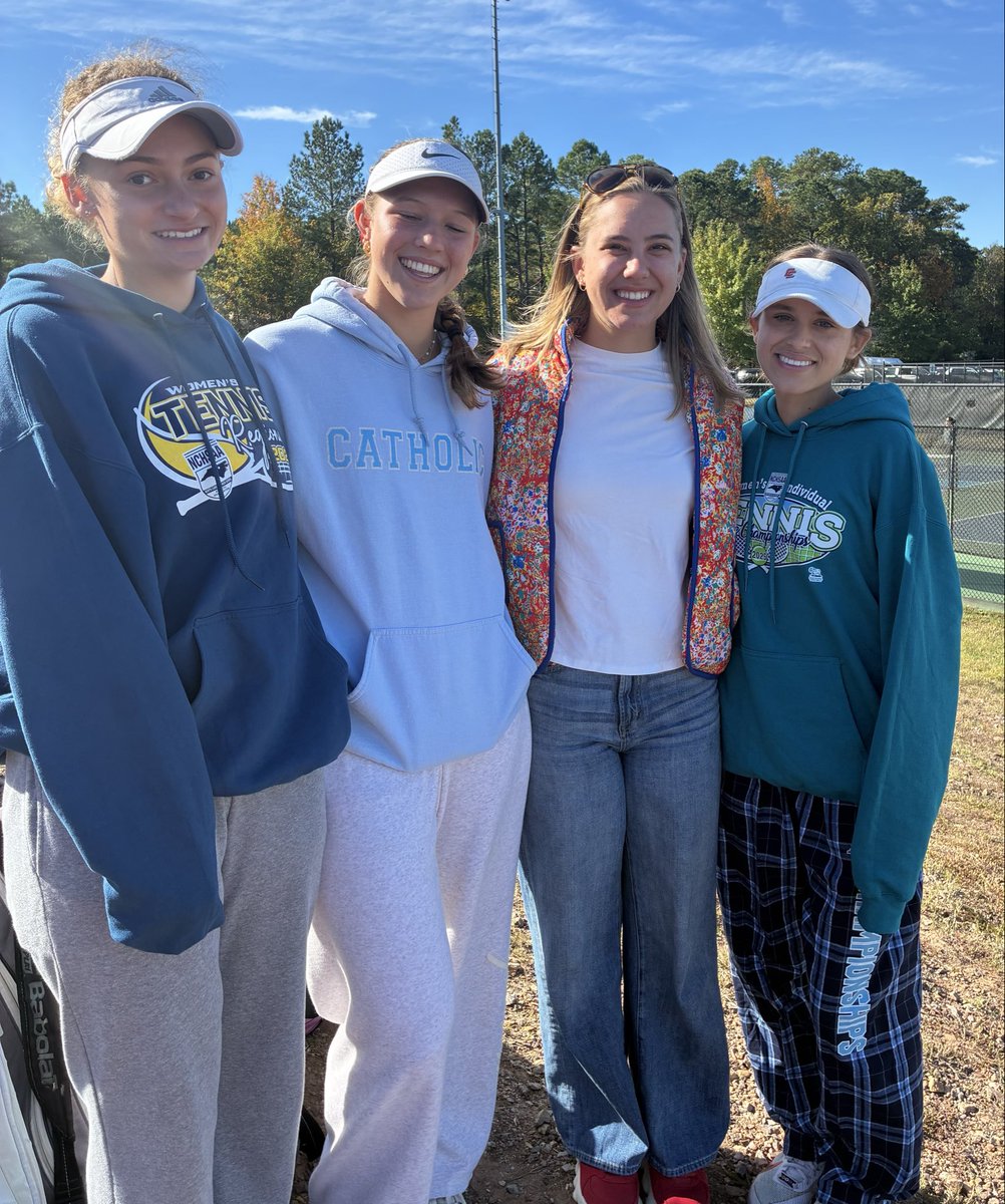 Individual state champs are underway at Ting Park in Holly Springs. And look who stopped by to cheer us on—Cougar alum, Molly Macuga🎾🎾🎾❤️❤️❤️Let’s go, Cougars! <a href="/CCHSCougarNews/">Charlotte Catholic</a>