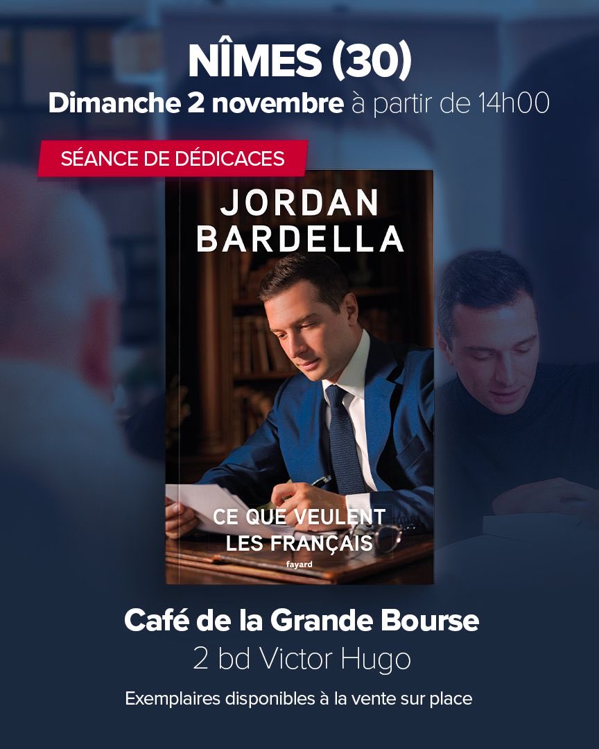 À l’occasion de la sortie de son nouveau livre la semaine prochaine, notre président <a href="/J_Bardella/">Jordan Bardella</a> nous fait l’amitié de venir à la rencontre des Gardois à #Nîmes pour une séance de dédicaces ! Rendez-vous dimanche 2 novembre à 14h face aux arènes de Nîmes !