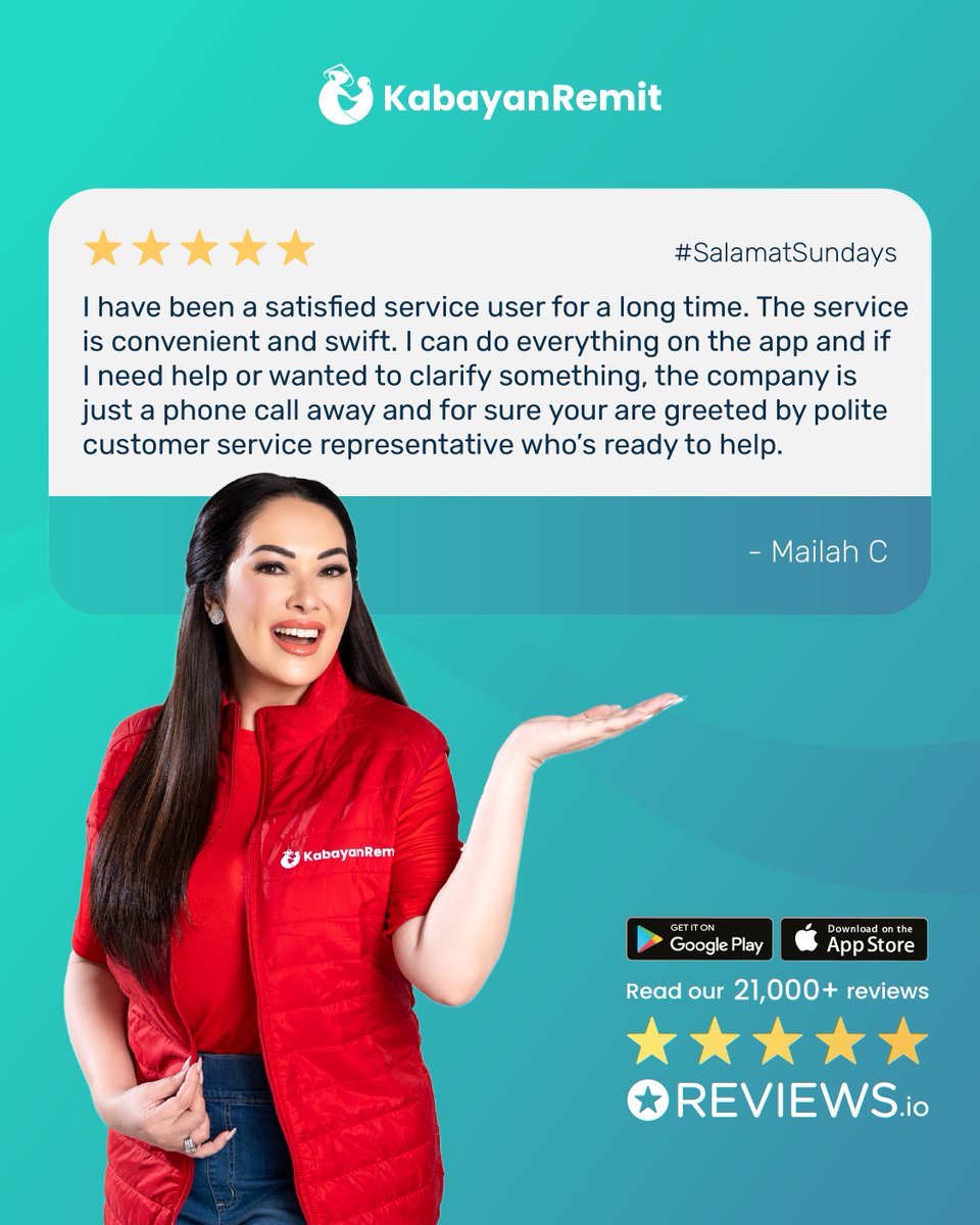 🌟 “Convenient, swift, and always ready to help.” 🌟
That’s how Mailah describes her Kabayan Remit experience!

📲 Experience stress-free padala: kabayanremit.com/download-our-a…