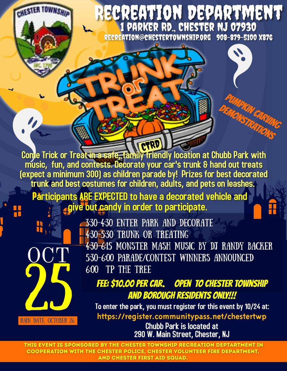 ChesterFAS's tweet image. Saturday October 25, 2025
Come on out and get your Trunk or Treat on with the #ChesterFAS and all the other folks from Chester Borough and Township, only!
Park opens at 3:30pm