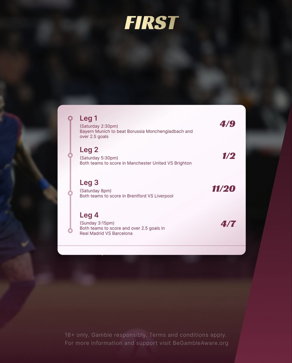 The Weekly Acca ⚽️
After landing a 7/1 winner last weekend, we’re back with another set featuring El Clasico, Bayern, Liverpool &amp; Man United.
Full breakdown by <a href="/jameswalters6/">James Walters</a> 🔗 first.com/sports-betting…
#Football #Betting