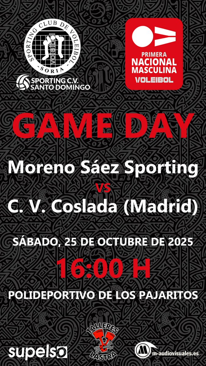 🚨🚨 ¡GAME DAY! 🚨🚨

🏆 Primera División Masculina
🏐 Jornada 4
🆚 C. V. Coslada (Madrid)
📆 25 de octubre de 2025
⏰ 16:00 h.
📍Polideportivo de Los Pajaritos

@supelso_soria @m_audiovisuales.es <a href="/cosladavoley/">cosladavoleyclub</a> #SportingSantoDomingo #Voleibol #SomosCantera #FamiliaSporting #Soria
