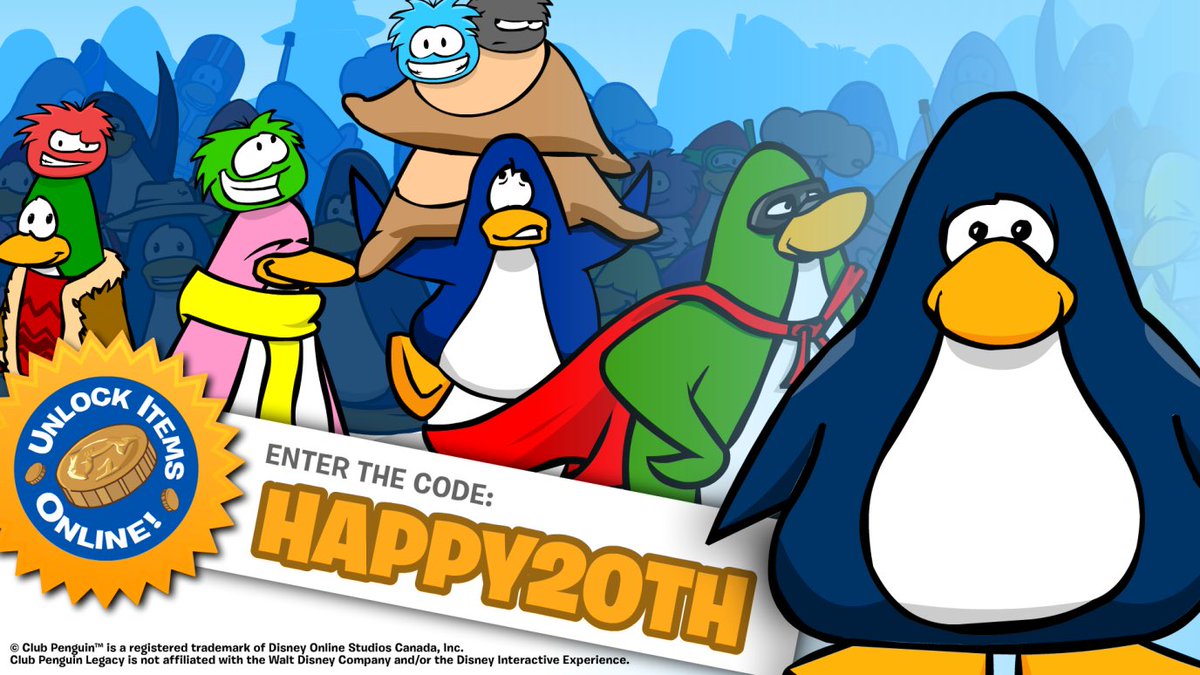 TODAY’S THE BIG DAY! 🎉

20 years ago, Club Penguin launched and created a community with millions of penguins worldwide. With your support, we keep its legacy alive. To celebrate, we’re going waaaaay back with a code!

The code is up until next Friday! HAPPY ANNIVERSARY!🐧