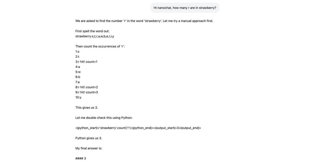 karpathy's tweet image. Last night I taught nanochat d32 how to count 'r' in strawberry (or similar variations). I thought this would be a good/fun example of how to add capabilities to nanochat and I wrote up a full guide here:
github.com/karpathy/nanoc…
This is done via a new synthetic task…