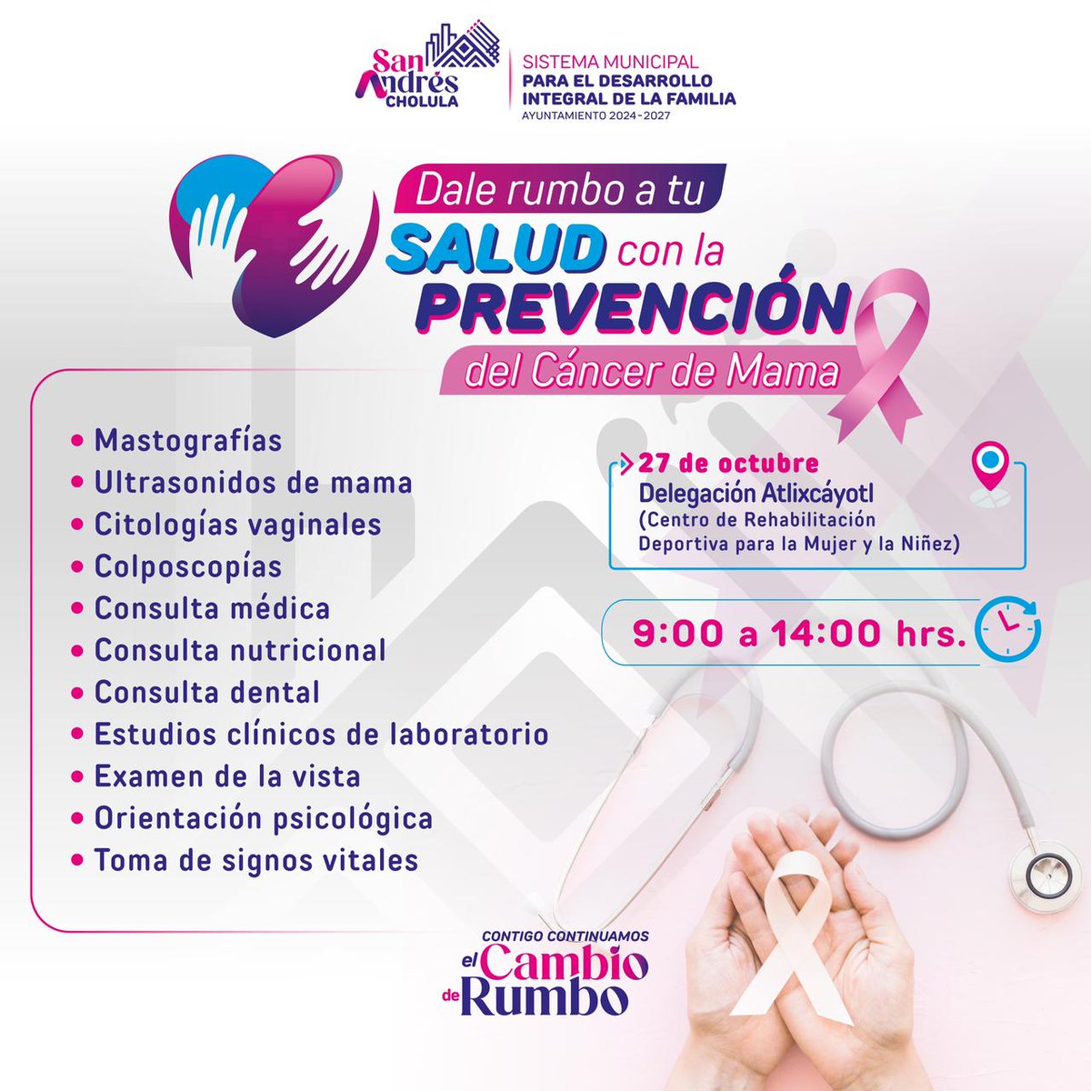 🌸Haz de tu bienestar una prioridad.
Acude a nuestra jornada gratuita "Dale Rumbo a tu Salud con la Prevención del Cáncer de Mama" y recibe atención médica de calidad.🎀

🕘9:00 a 14:00 hrs.
📍Delegación Atlixcáyotl.

#ContigoContinuamosElCambioDeRumbo