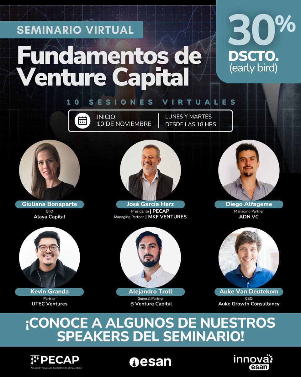 ¡Conoce a algunos de nuestros speakers del Seminario Fundamentos VC!
Expertos del ecosistema compartirán su experiencia en inversión en startups, valoración y estrategias reales de éxito
📅Inicio: 10 de noviembre | 6:00 p.m.
💸30% de dscto hasta el 31/10
🔗innova.esan.edu.pe/aprende-con-no…