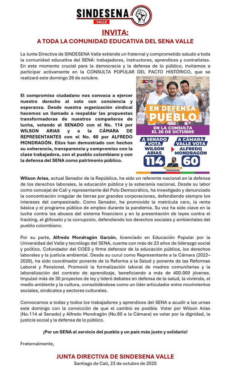 ValleSindesena's tweet photo. Invitamos a los compañeros a participar este domingo 26 de oct en la consulta del Pacto Histórico.Vota por quienes defienden los derechos de los trabajadores y de los aprendices del SENA
Wilson Arias 114 al Senado
Alfredo Mondragón 60 a la Cámara Valle
Iván Cepeda Presidencia https://t.co/VZD1YAPhUO