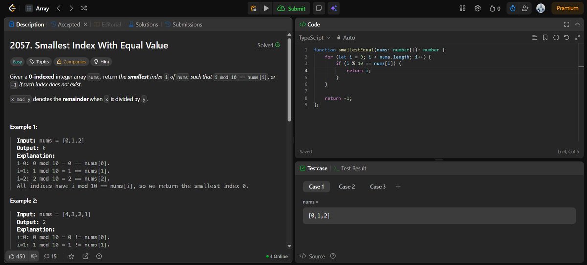 jitesh_mern_dev's tweet image. Day 12 of my LeetCode Daily Grind ✅

Problem: Smallest Index With Equal Value

Basically checked each index and matched it with the condition: i % 10 == nums[i]

#LeetCodeDailyGrind #100DaysOfCode #MERN #TypeScript #ProblemSolving #LeetCode