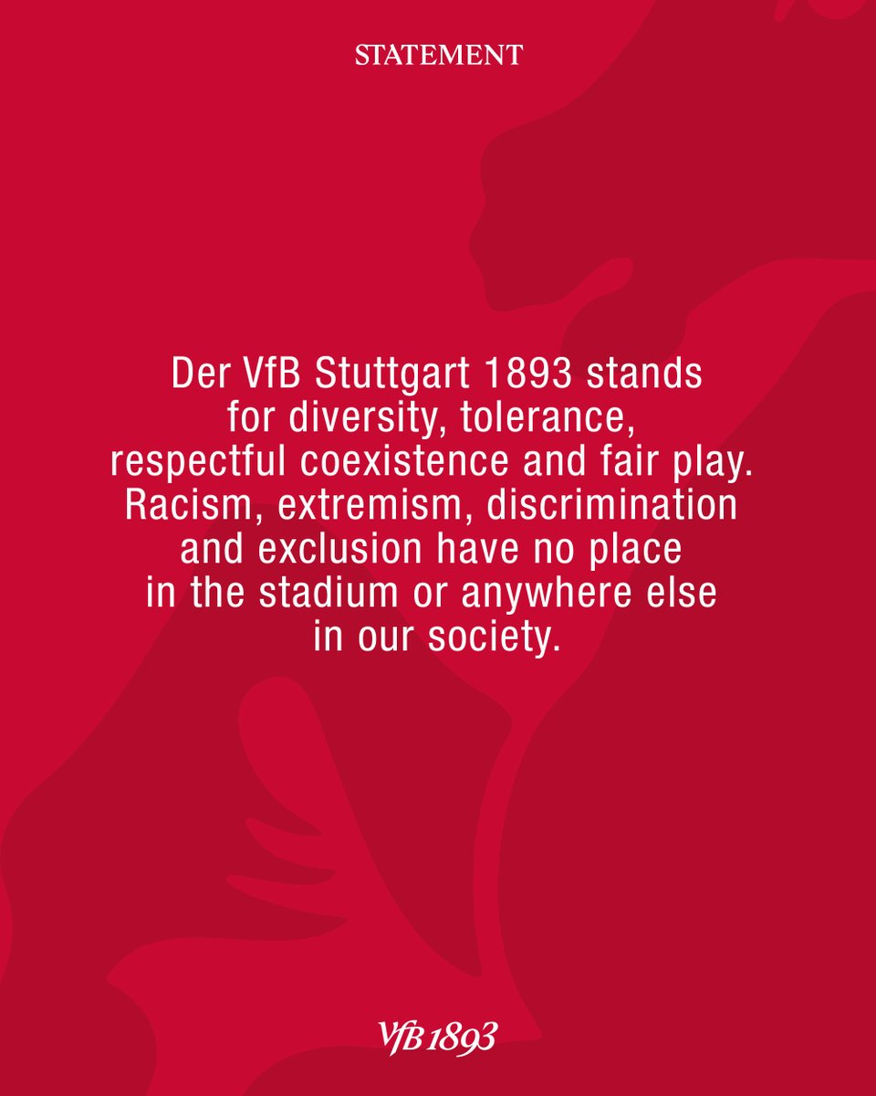 VfB_int's tweet image. VfB Stuttgart 1893 stands for diversity, tolerance, respectful coexistence and fair play. Racism, extremism, discrimination and exclusion have no place in the red and white shirt, in the stadium or anywhere else in our society.
#VfB