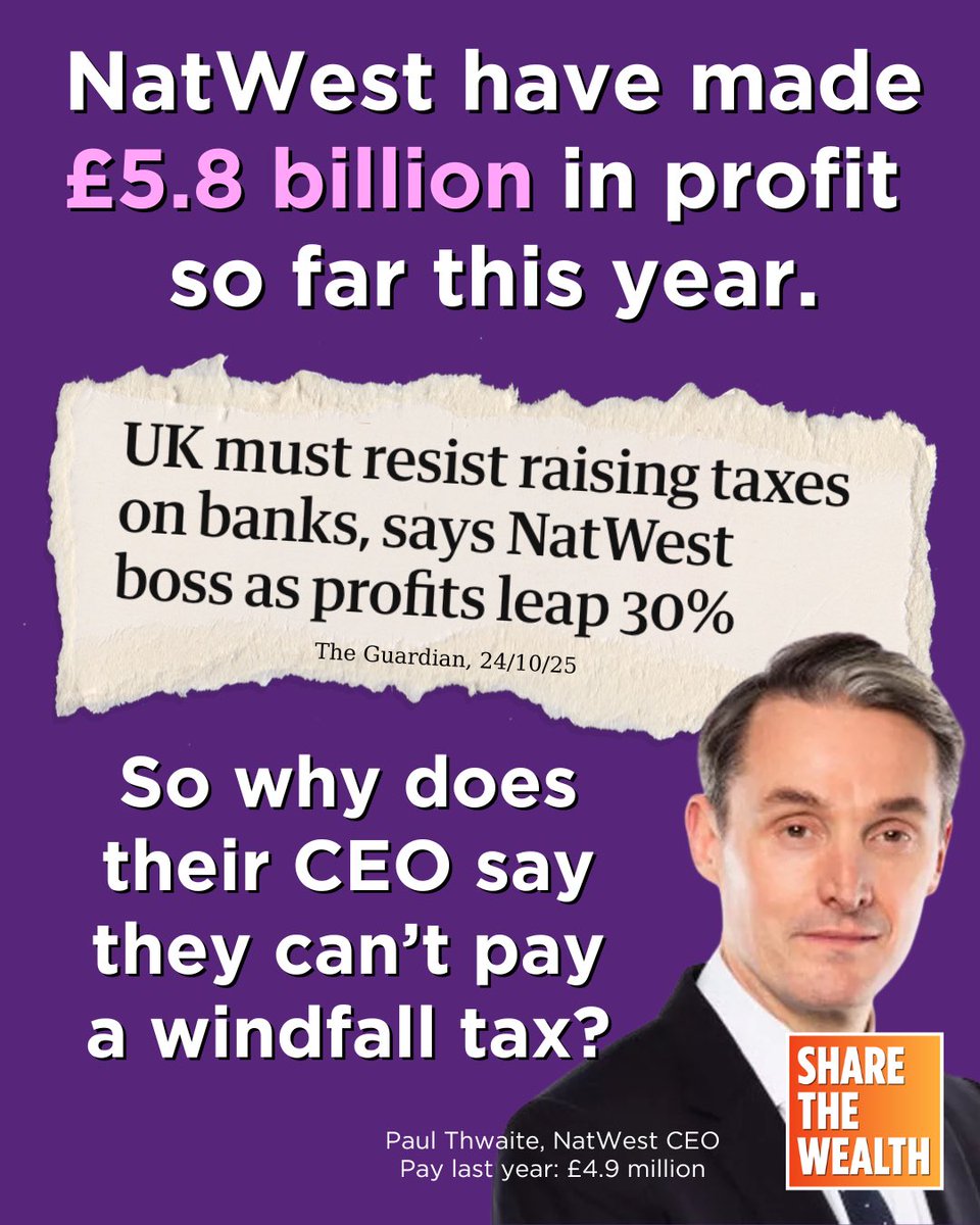 NEW: NatWest have made £5.8 billion in profit so far this year, according to latest figures released today.

But their CEO has warned the government not to introduce a new windfall tax on the banks.

When they're making such big profits, why can't NatWest pay a windfall tax?