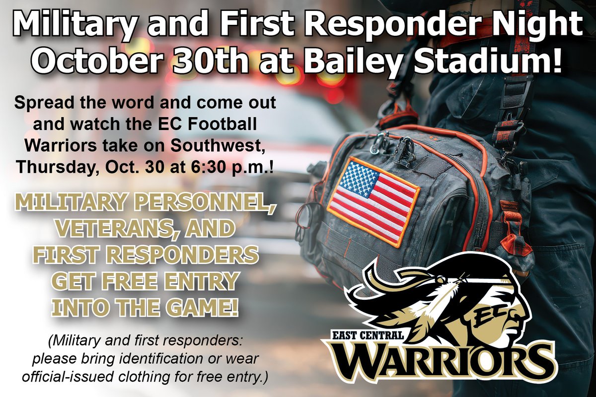 ECCCAthletics's tweet image. All military, veterans, and first responders receive free entry — thank you for your service!

#NJCAA | @eccc_football