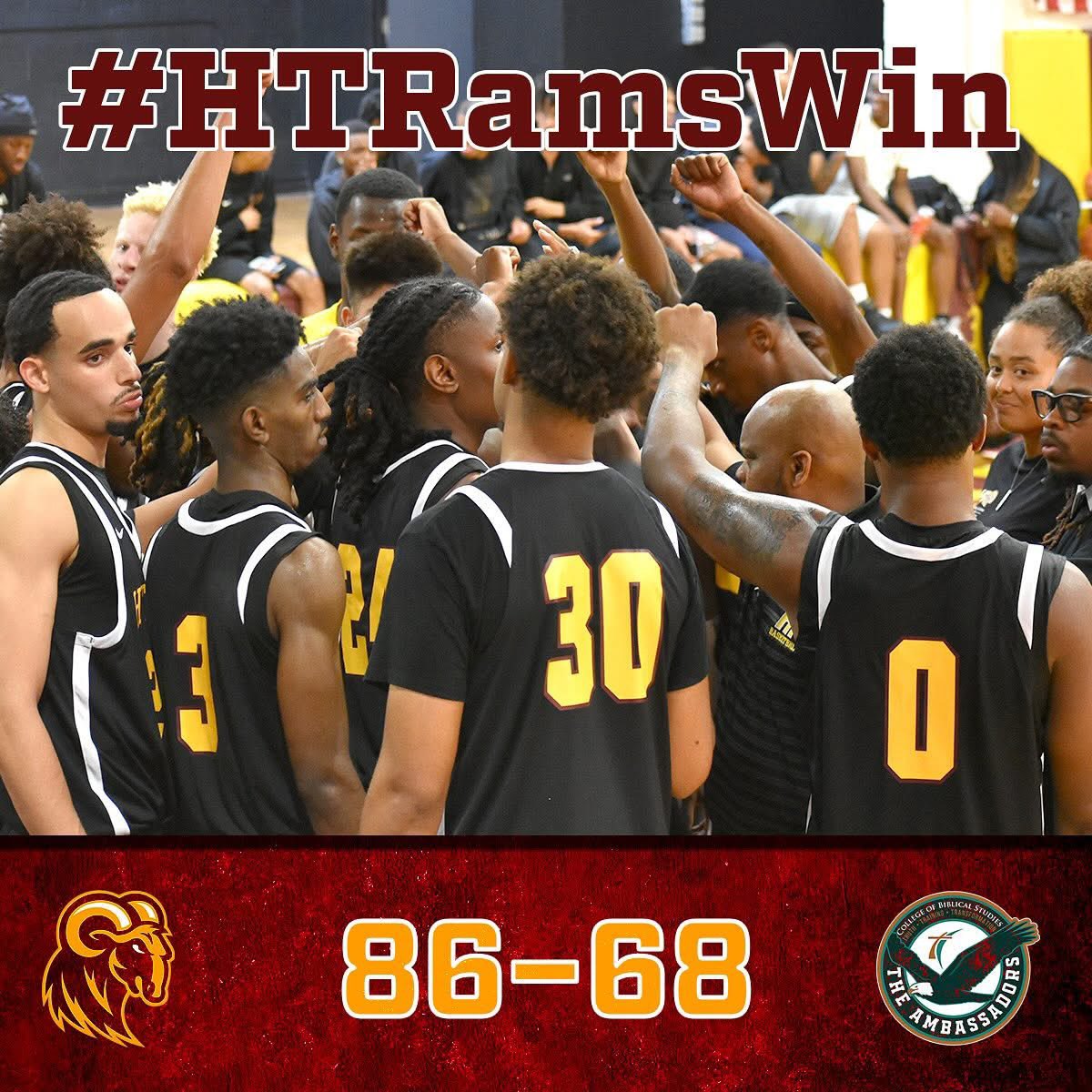 #HTRamsWin! The @htbasketballrams opened their 2025-26 season with an 86-68 win over the College of Biblical Studies in front of a packed house at Branch! Cade Holzman and Shannon Robinson led the Rams with 16 points apiece! Rams return to action Saturday 2pm v Jarvis Christian!