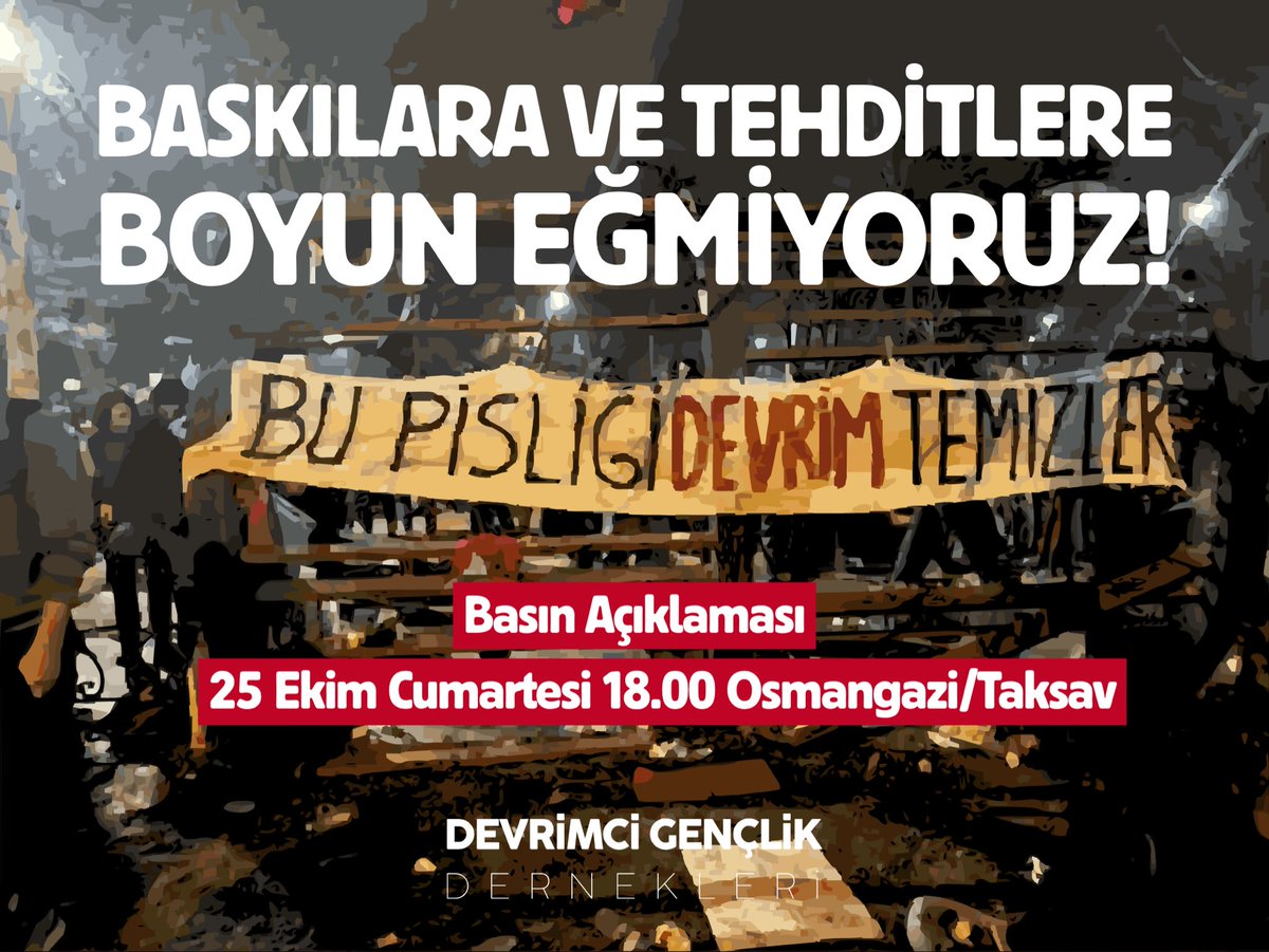 dgdbursa's tweet image. 🚩 Baskılara ve Tehditlere boyun eğmiyoruz; Bu pisliği devrim temizler!
Bursa'da derneğimize ve üyelerimize yönelik aylardır süregelen sistematik polis baskısına karşı devrimci dayanışmayı büyütüyor ve yarın Taksav'da basın açıklamasında buluşuyoruz. Tüm gençliği dayanışmaya…