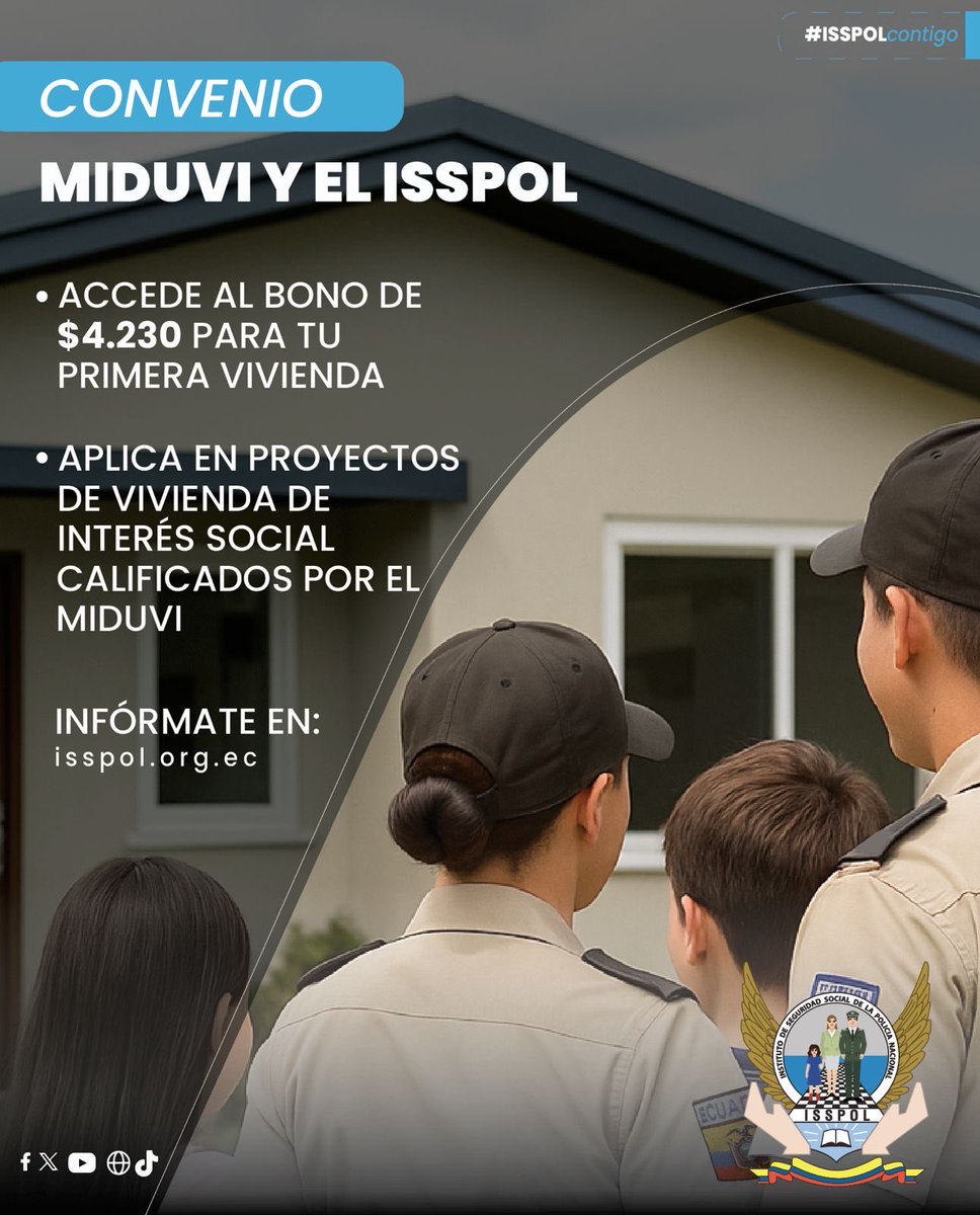 🏠 TU PRIMER HOGAR

El ISSPOL, en convenio con <a href="/ViviendaEc/">Viceministerio de Des. Urbano y Vivienda 🇪🇨</a>, facilita a servidores policiales el acceso al bono de vivienda de USD 4.230.

🔗 Condiciones: bit.ly/3ILYhxL
🔗 Crédito: bit.ly/3Whf4fa
🔗 Proyectos: bit.ly/4pPoSuk