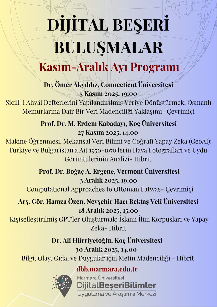DBB_CDH's tweet image. 🗓️Dijital Beşeri Buluşmalar serimizin Kasım–Aralık ayı programını paylaşıyoruz!

👇Aşağıdaki görselden yaklaşan etkinlikler hakkında bilgi edinebilirsiniz.