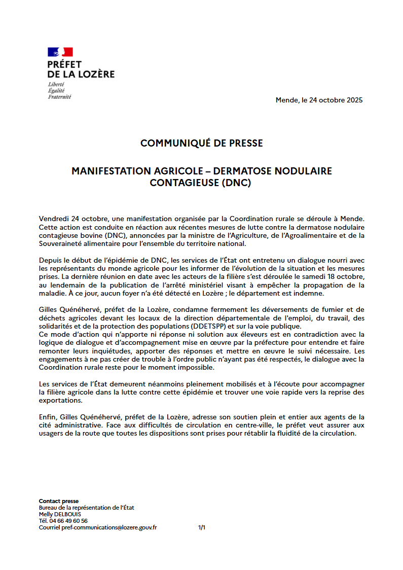 #information I 🔴 Une manifestation organisée par la Coordination rurale se déroule à Mende. Cette action est conduite en réaction aux récentes mesures de lutte contre la dermatose nodulaire contagieuse bovine (DNC), annoncées par la ministre de l’Agriculture, de