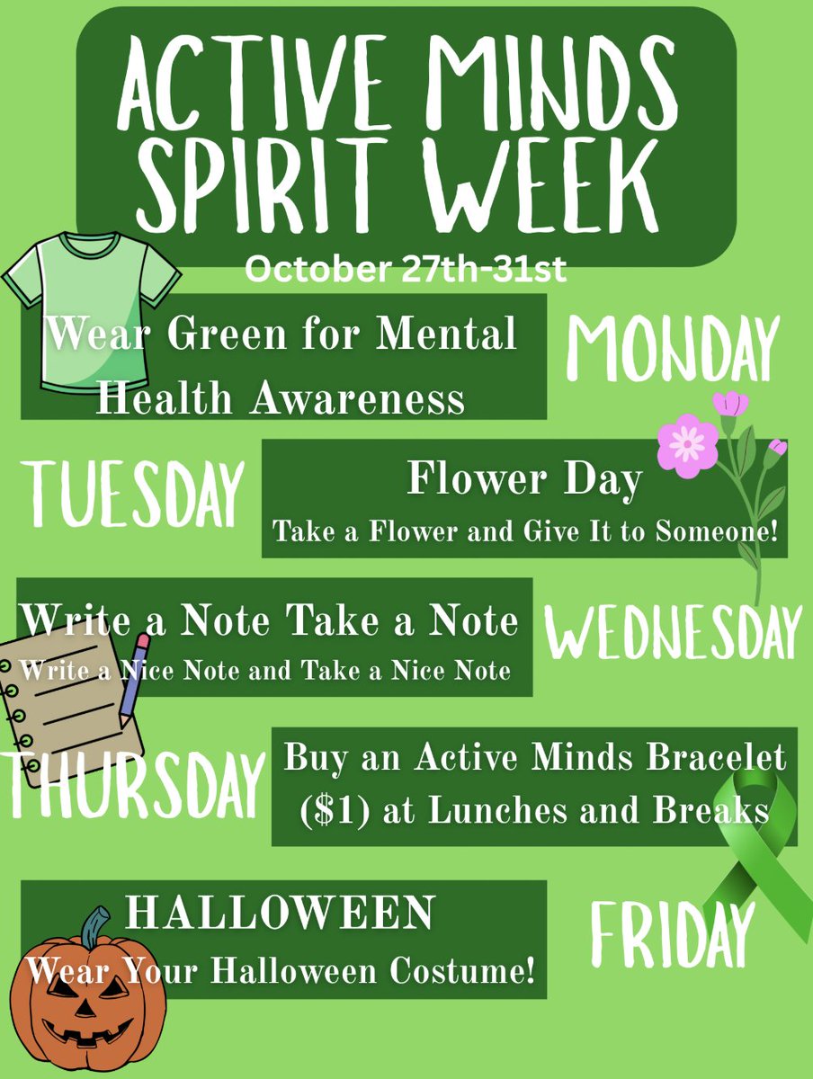 NipmucRegional's tweet image. The Nipmuc Active Minds Chapter promoting mental health awareness and support is hosting a spirit week next week.  Be sure to wear green on Monday and look for ways to get involved next week! #nipmucpride