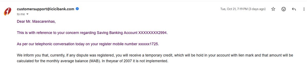 How Long have you fought with Customer Care and Refused to Close the Ticket 

My Longest Fight is 18 years

At last ICICI has accepted what I said in 2007 

Background : 
If Money is not dispensed by ATM, but debited from my Account, it takes few days (in 2007) to be credited