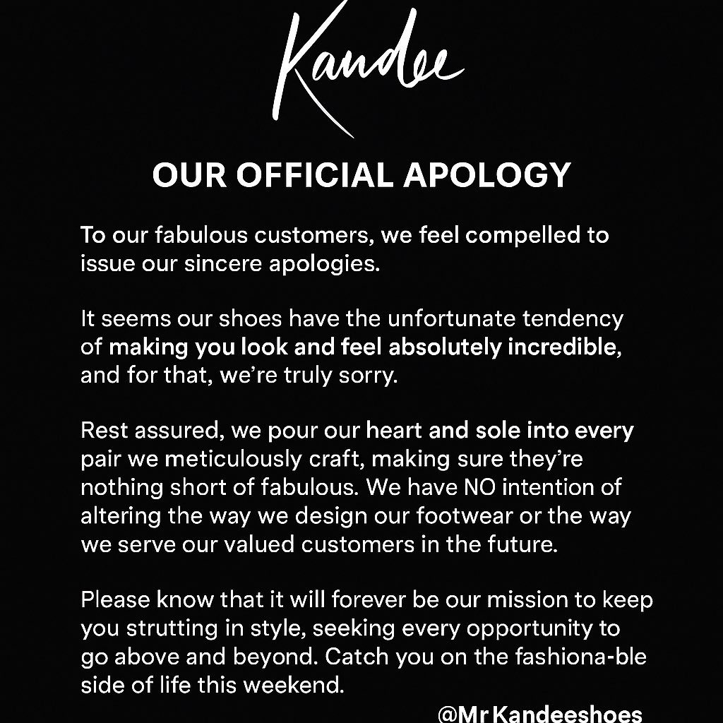 KandeeOfficial's tweet photo. OUR OFFICIAL APOLOGY ๐
#KandeeShoes #OfficialApology #KandeeGirls #LuxuryFootwear #WalkOfFame #StrutWithConfidence #MainCharacterEnergy #HighHeelsHighStandards #StyleQueens #GlamourReborn #KandeeLovesYou https://t.co/PXGiu6cU7i