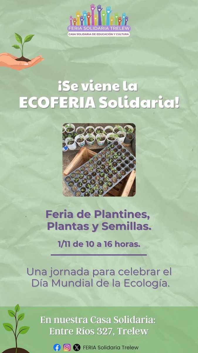 FeriaTrelew's tweet photo. ¿Como podés participar? 👇🏼
•Te podés llevar un plantín, una planta, abono orgánico o semillas colaborando con alimentos no perecederos.
• Intercambiar las plantas que traigas de tu casa por otras variedades 
•Aportar plantas a la Feria para que sumemos más alimentos. https://t.co/BdCZsiQ5k3