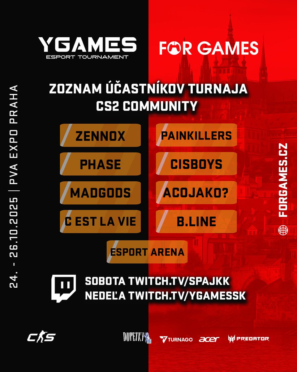 V rámci FOR GAMES už zajtra začne naša BYOC LAN v hre Counter-Strike 2. Do akcie pôjde 9 tímov, ktoré si to rozdajú o prizepool 70 000 Kč už túto sobotu a nedeľu. 😍

🗓️ Sobota: Skupinová fáza (jedna skupina, každý s každým BO1) - twitch.tv/spajkk 👈

🗓️ Nedeľa: Play-off