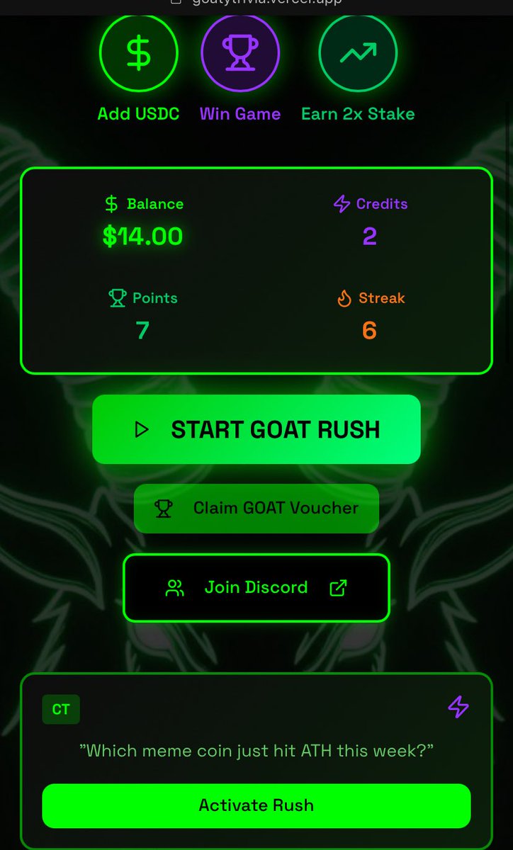 Cheddahboy's tweet photo. Shipped 🚀

https://t.co/ny46pFp42n

The ultimate CT and Web3 Social Trivia  Game @GoatyTrivia V1 is out for testers.

New contest: Win 10 points without breaking a streak a claim a reward voucher in the discord.

Due to unlimited chances to use new credits to play , kindly know you can only claim the price if you use 10 credits to win 10 points, hence your streak mustn’t beak.