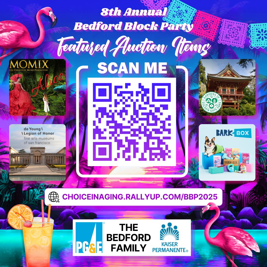 📢 Featured Auction Items!!!

- Two Tickets to MOMIX at the <a href="/MondaviCenter/">Mondavi Center</a>
- One-Year Family/Dual Membership to <a href="/GardensofGGP/">Gardens of Golden Gate Park</a>
- San Francisco Museum Package for Two, donated by Susan McLaughlin
- One Classic or Super Chewer <a href="/barkbox/">BarkBox</a>, donated by <a href="/bark/">BARK</a> 

choiceinaging.rallyup.com/BBP2025