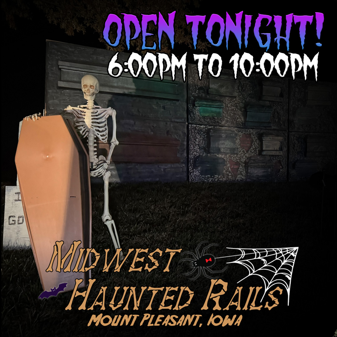 💀 The gates are open — TONIGHT, October 24! Join us for spooky fun at Midwest Haunted Rails, open 6:00 PM to 10:00 PM! 🎟️ $20 wristbands for unlimited rides ⏰ Wristbands sold until 9:30 PM — don’t let the skeletons have all the fun! 🔗 midwesthauntedrails.com