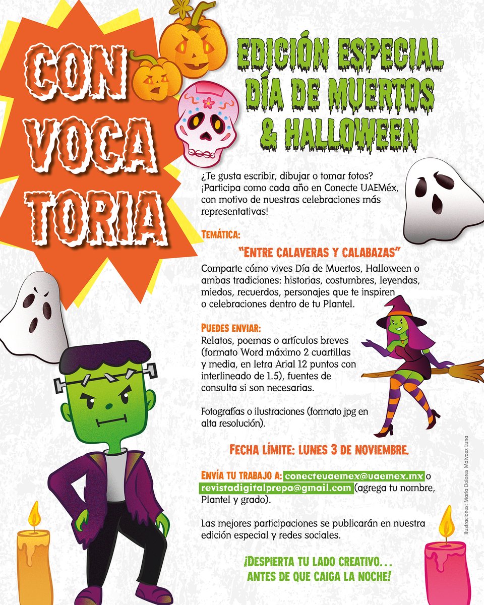 ConecteUAEMex's tweet image. ¡Los invitamos a participar en nuestra edición especial de noviembre! 💀👻🎃

Primer aviso: apoyen y compartan 🫰🔁😃
#DíaDeMuertos #Halloween #CalaveritasLiterarias #LeyendasDeTerror
@sic_uaemex @Editor_UAEMex