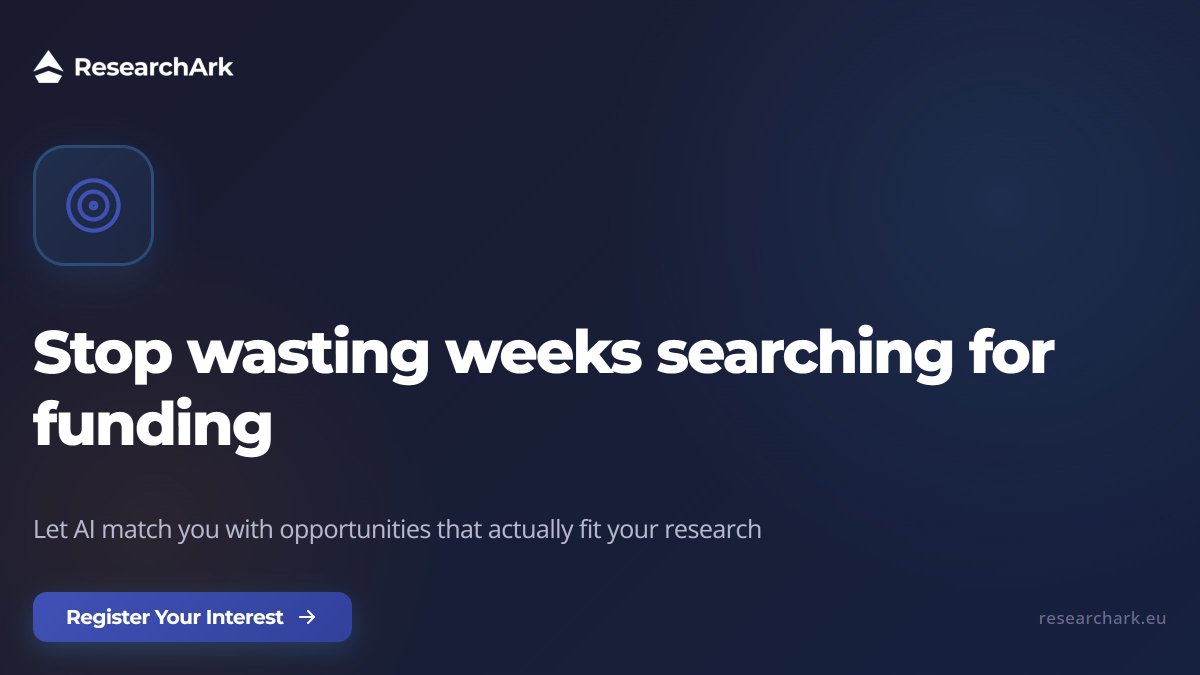 researchark's tweet photo. Researchers waste weeks searching for funding that actually fits their work.
ResearchArk's AI matches you with relevant opportunities instantly.
Stop searching. Start discovering.
Register your interest 👉 https://t.co/4pNrRQdGEk
#ResearchFunding #AcademicTwitter #PhDChat https://t.co/dlffktDXtX