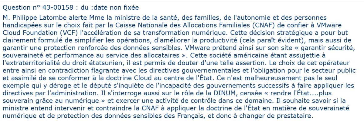Philippe Latombe (@platombe) on Twitter photo J'alerte Mme la ministre de la santé, des familles, de l'autonomie et des personnes handicapées sur le choix fait par la Caisse Nationale des Allocations Familiales (CNAF) de confier à VMware Cloud Foundation (VCF) l'accélération de sa transformation numérique.
<a href="/SouveraineTech/">Souveraine Tech</a> J'alerte Mme la ministre de la santé, des familles, de l'autonomie et des personnes handicapées sur le choix fait par la Caisse Nationale des Allocations Familiales (CNAF) de confier à VMware Cloud Foundation (VCF) l'accélération de sa transformation numérique.
<a href="/SouveraineTech/">Souveraine Tech</a>