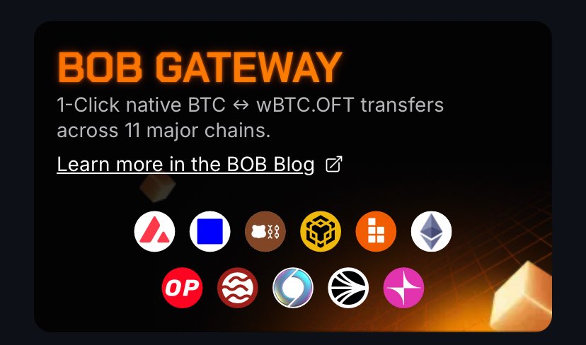 Fr, <a href="/build_on_bob/">BOB</a> keeps delivering at every level. 

The BOB Gateway just made wrapped Bitcoin (wBTC) fully mobile across chains, you can now send it directly, like from Base to Unichain, with no detours, no unwraps, no stress.

It’s one of those upgrades that feels small until