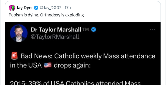 This retard doesn't realize Eastern Orthodox liturgy attendance is at the EXACT same rate Catholic Mass attendance is at and that it has dropped at about the same rate since the 1960s.