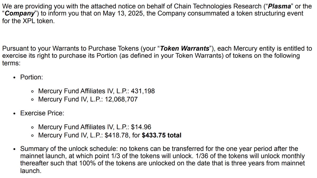 0xZilayo's tweet image. How to turn $100k into 291 MILLION XPL (or ~$105m at current prices)
A VC invested ~$100k into Plasma equity via a SAFE and purchased token warrants allowing them to buy XPL at a price of ~$0.0000347.
In August 2025 the VC exercised the warrants and bought ~12.5m XPL for…