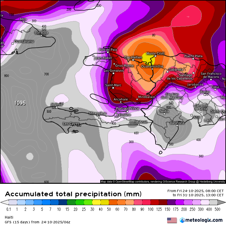 🚨Impresionante el huracán #Melissa ... acumulados que dan miedo para la próxima semana en zonas de Cuba, Jamaica, Haití y República Dominicana.

Desde hoy y hasta el próximo viernes, podrían recogerse más de 1.000 mm en estas zonas 😳