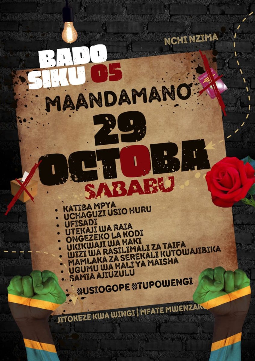 😅😅 Ila Gen Z Tz 🇹🇿 
They say they have a date with Destiny on Oct 29 
Haya waandamanaji mmeambiwa miwani ya kuogelea, dawa ya mswaki na power bank
Hashtag #MO29 #OktobaTunatoka