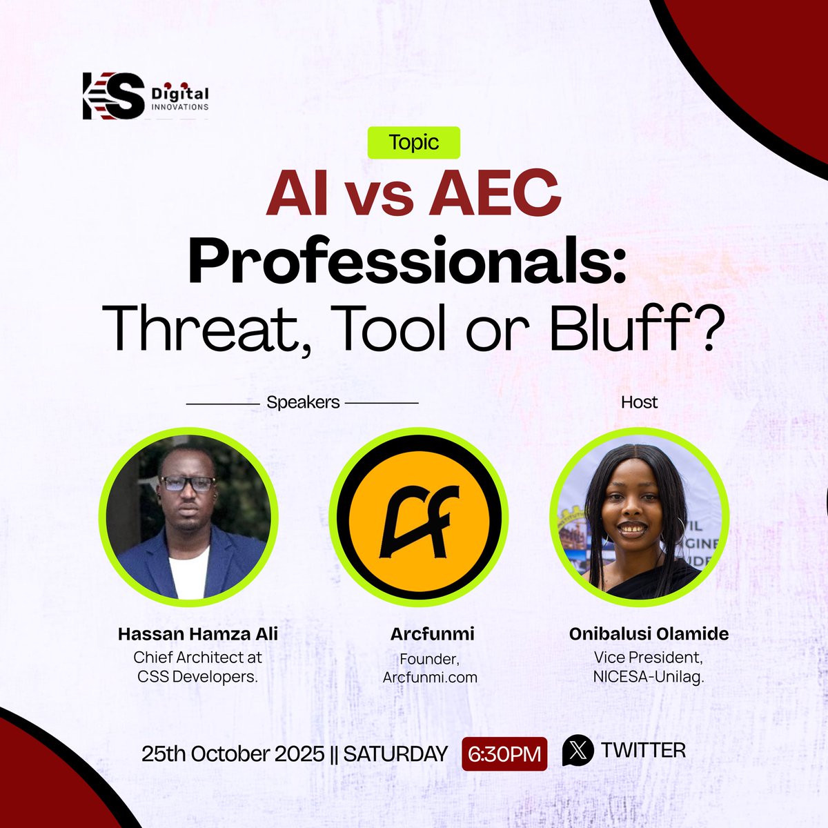 ksdinnovations's tweet image. This Saturday, join @ChiefArchitect_ & @Arcfunmi on our X space🎙
Topic: “AI vs Architect, Engineers & Construction Pros: Threat, Tool or Bluff?”
Learn, discuss & connect with peers shaping the future of design and construction.
Hosted by @BalusiBeautyP
Link in thread 🧵