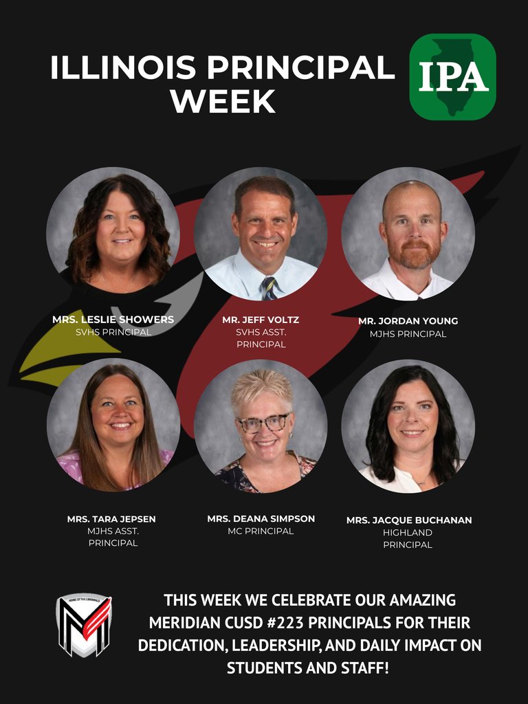 🎉 It’s Illinois Principal Appreciation Week! 🎉
Join us in celebrating our building leaders for their dedication, vision, and commitment to our students and staff. Thank you for your leadership, which inspires excellence across Meridian CUSD #223 every day!