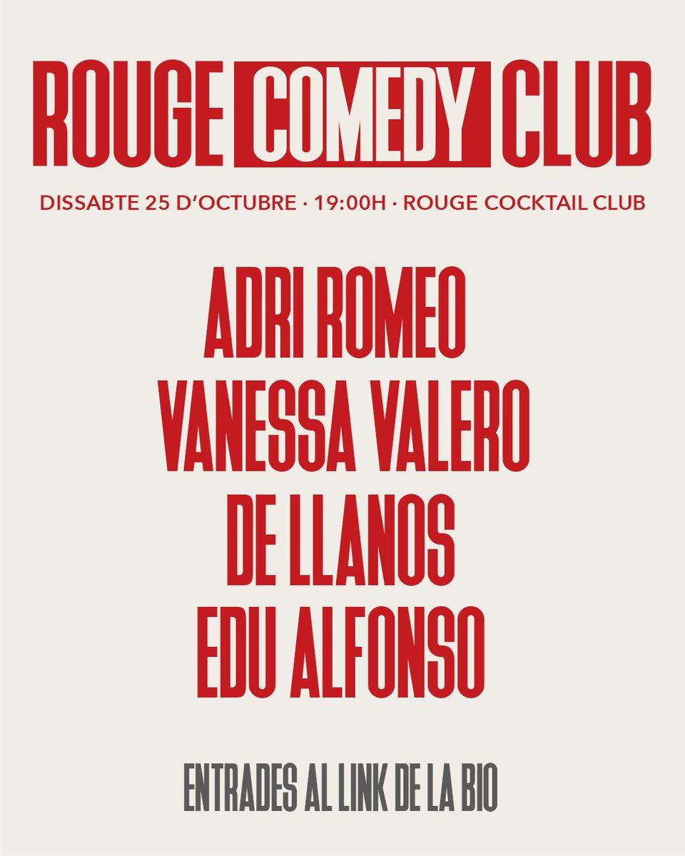 AQUEST DISSABTE! Torna el Rouge Comedy Club! 

Passa una tarda d'stand-up en estat pur amb el bo i millor de la comèdia local i el bo i millor dels còctels!

📆 Dissabte 25 d'octubre a les 19h
📌 al Rouge Cocktail Club (metro Paral·lel L2/L3)
🎟️ dice.fm/partner/ticket…