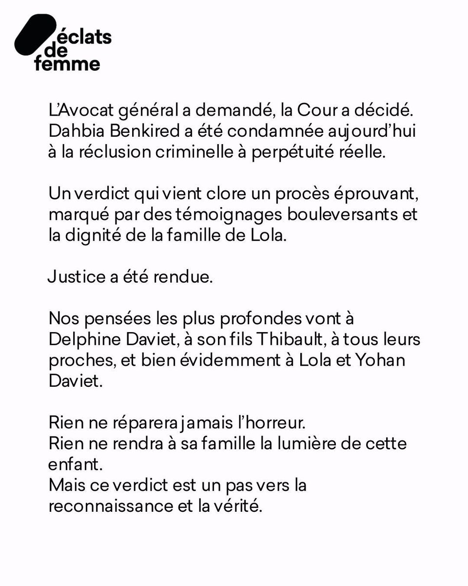 ClaireGeronimii's tweet image. Justice a été rendue. 
Pour Lola. 
Pour son père Yohan. 
Pour sa mère Delphine. 
Pour son frère Thilbault. 
Pour ses proches.
#eclatsdefemme #proces #dahbiab #lola #daviet #perpetuite