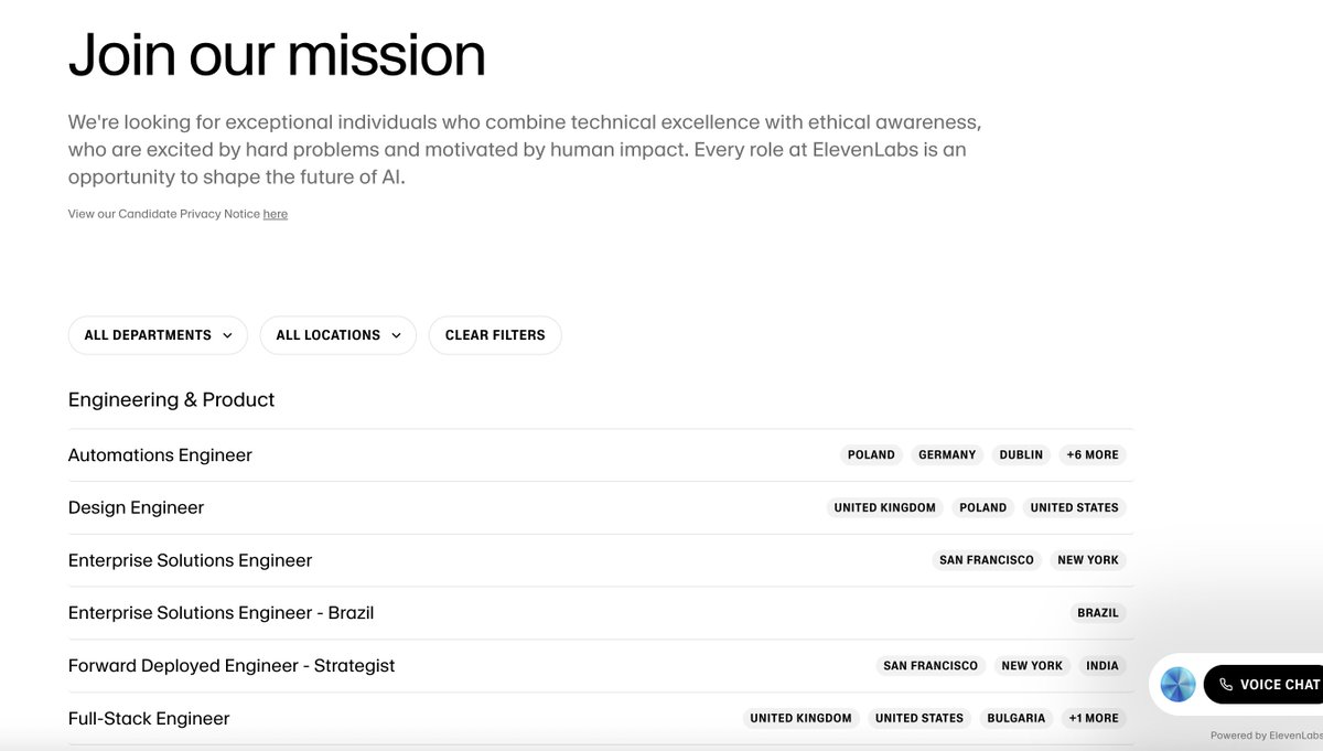 _krocits_'s tweet image. This careers page got me into @elevenlabsio at 17, still think it’s hard to apply?
We’re always looking for exceptional talent to join the team :)