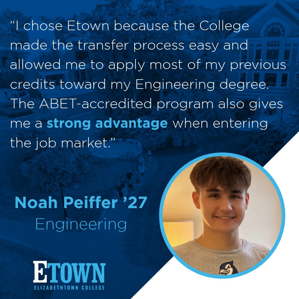 EtownCollege's tweet photo. Say hi to #etowncollege transfer student Noah Peiffer ’27, an Engineering major with a concentration in Computer Engineering from Mount Joy, Pa.! 👋

Find your fit at Etown by visiting https://t.co/TnIDQzDEyG!

#TransferStudentWeek https://t.co/Fl7kecph2R