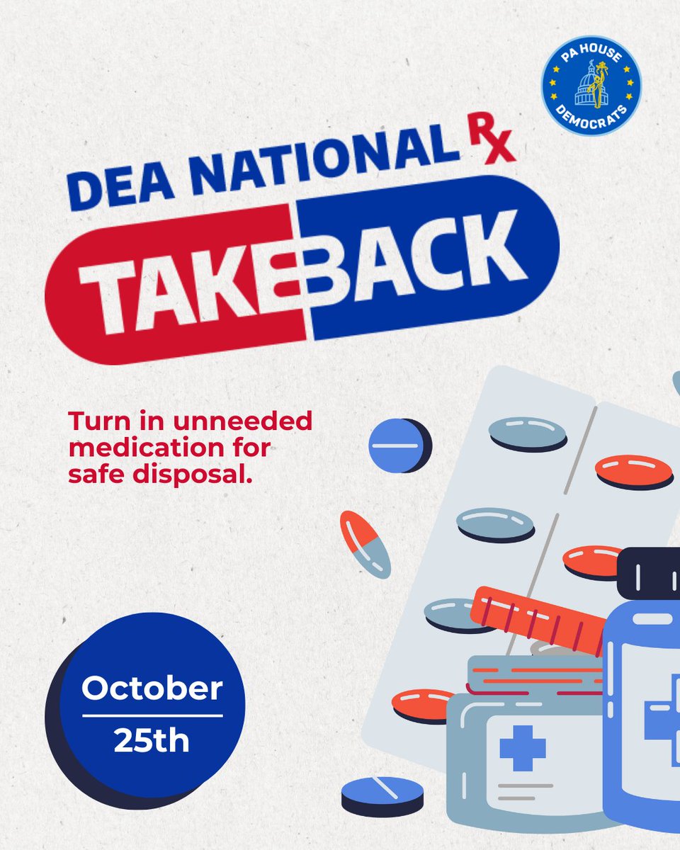 RepHaddock's tweet image. Too often, unused prescription drugs find their way into the wrong hands. This Saturday, 10/25, is National Drug Take Back Day, an opportunity to safely and anonymously dispose of any expired, unused or unwanted medications. Find a site near you: dea.gov/takebackday#co…