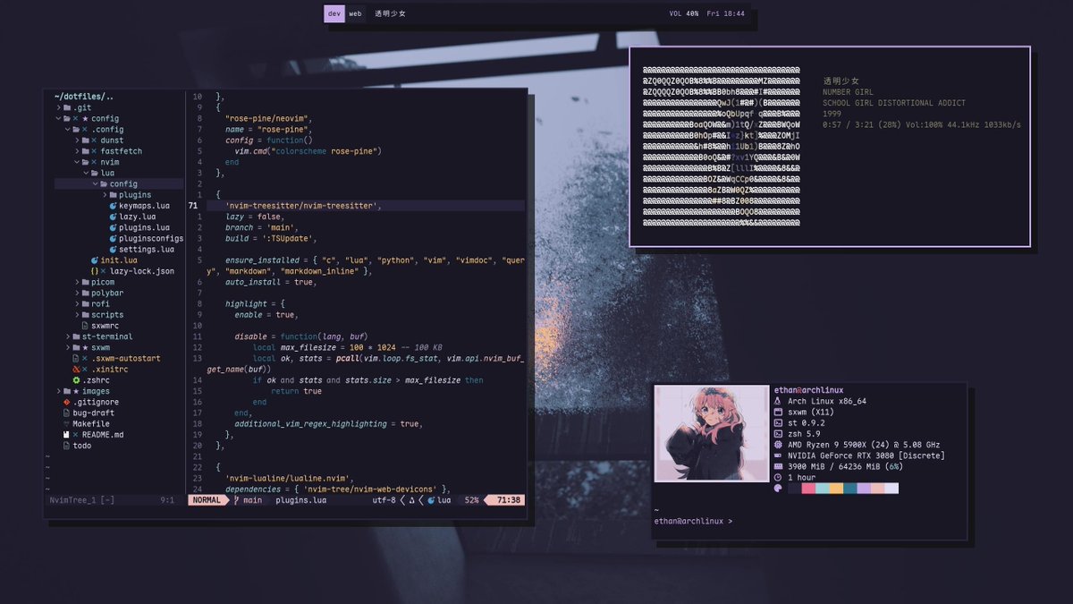 bot_unixporn's tweet image. [sxwm] Rose pine archlinux rice
Link: redd.it/1of0yea

#unixporn #linux #screenshot