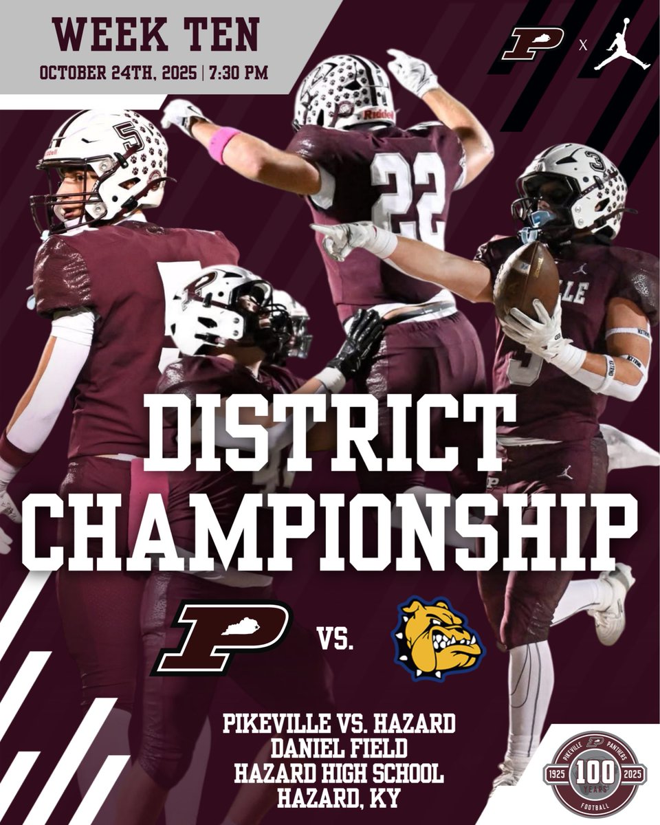 PikevilleHSFB's tweet photo. 𝓓𝓲𝓼𝓽𝓻𝓲𝓬𝓽 𝓣𝓲𝓽𝓵𝓮 𝓣𝓲𝓵𝓽 🏆

The #3 Panthers travel to #8 Hazard to battle the Bulldogs for the Class A District 8 Championship!

🆚 #8 Hazard 🔵🟡
📍Hazard, KY
🏟 Daniel Field
📻 98.1 WPKE
📺 Multiple Outlets
⏰ 7:30 PM
🎟️ Cash at Gate
🏆 District Championship

#CenturyClub #ForTheCity #HailPikeville 🐾