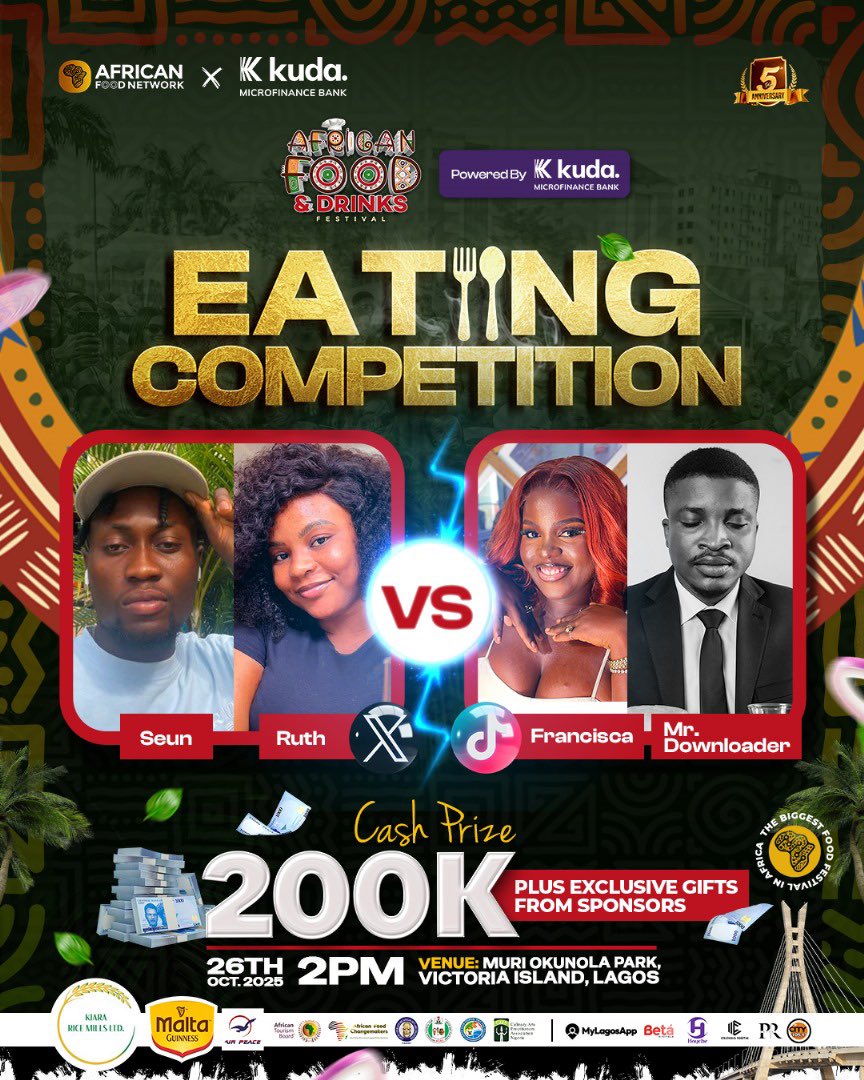If you have what it takes to beat Ruth the fufu ambassador in a eating competition, this event is for you.
Hurry up and get your tickets👇

onburd.com/ng/app/events/…